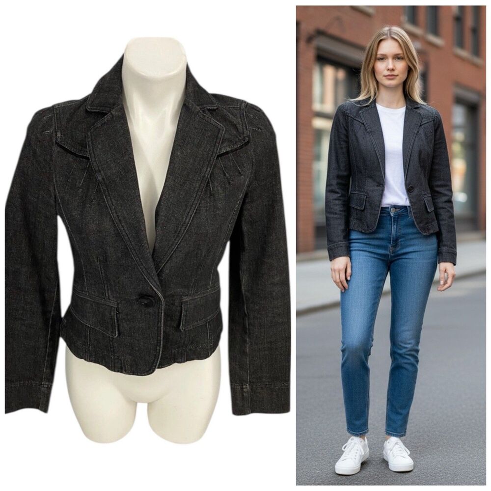 LOFT Jean Blazer Womens Size 2 Black Puff Sleeve Work Office Career Basic Church